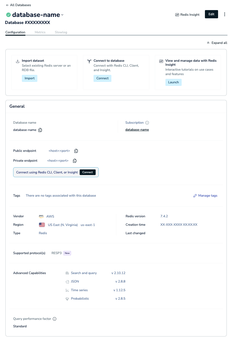 The Configuration tab of the Database details screen.